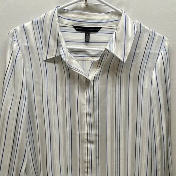 White House Black Market Blouse Women's Small Blue Metallic Stripe Semi Sheer - Picture 2 of 13